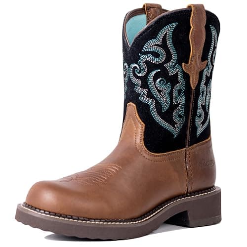 Palitutu Cowboy Boots for Women Round Toe Ankle Western Cowgirl Boots Pull On Embroidered Full Grain Leather Brown/Black PLT303606 - Image 1