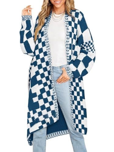 Saodimallsu Womens Checkered Long Cardigans Chunky Oversized Open Front Batwing Sleeve Color Block Knit Sweater Coats Navy Blue - Image 1