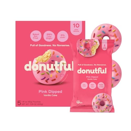 Donutful Pink Sprinkle Dipped Mini Donuts – Baked Not Fried, Less Sugar, Nothing Artificial, Non-GMO, Individually Wrapped Snack Packs (30 Donuts/Box) - Image 1