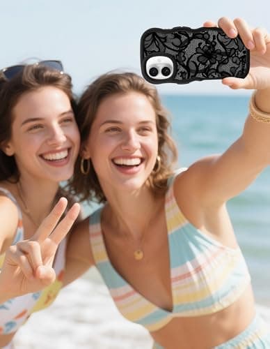 Aitipy Magnetic Case for iPhone 16, Compatible with MagSafe, Cute Black Lace Flower Aesthetic Soft Silicone Curly Wavy Shockproof Protective Phone Cover for Women Girls - Thumbnail 6