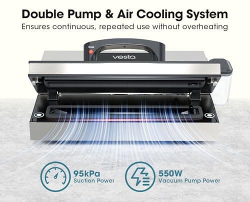 Vesta Precision 16'' Commercial Vacuum Sealer Machine for Moist Foods, 95kPa Heavy Duty Meat Sealer with Dual Vacuum Pumps & Auto Cooling, Adjustable Sealing and Vacuum Time Control, Stainless Steel - Thumbnail 4