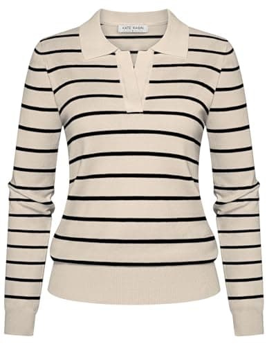 Kate Kasin Black Apricot Striped Long Sleeve Sweaters for Women, V Neck Knitted Tops, Lightweight Collared Sweater Shirts M - Image 1
