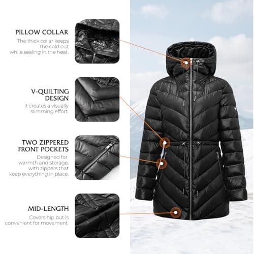 BINACL Women's Fashion Hoodie Thickened Black Jacket, Down Alternative Parka Stylish Shiny Puffer Jacket Women Glossy Cotton Padding Outwear Climbing Long Sleeve Jacket Winter Warm Long Coat(Black L) - Thumbnail 4