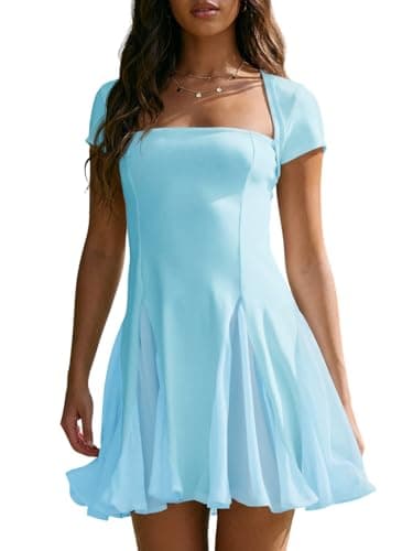 Wenrine Womens Summer Mini Dresses Casual Short Sleeve Square Neck Ruffle Swing Mesh A Line Cute Party Club Dress Blue - Image 1