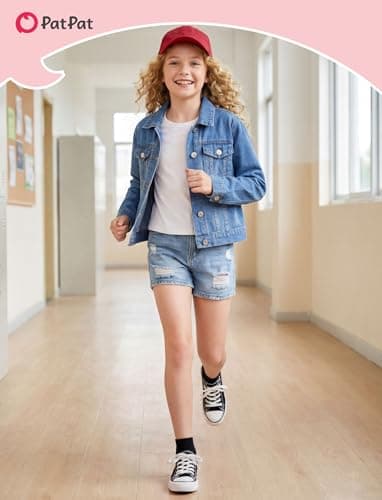 PATPAT Girl's Basic Denim Jacket with Flap Pocket Button Light Blue，7-8Y - Thumbnail 2