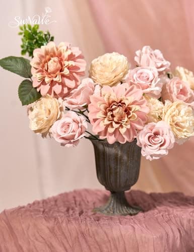 SWNAWE Pink Flowers Artificial Roses Combo Set Faux Pink Silk Flowers Fake Roses Mix Dahlia Peonies with Stems for Wedding Bouquets Table Centerpiece Baby Bridal Shower Birthday Party Decorations - Thumbnail 3
