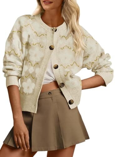 Saodimallsu Womens Floral Cardigan Sweaters Long Sleeve Open Front Button Down Knit Sweater Coat Outwear Fall 2026 Apricot - Image 1