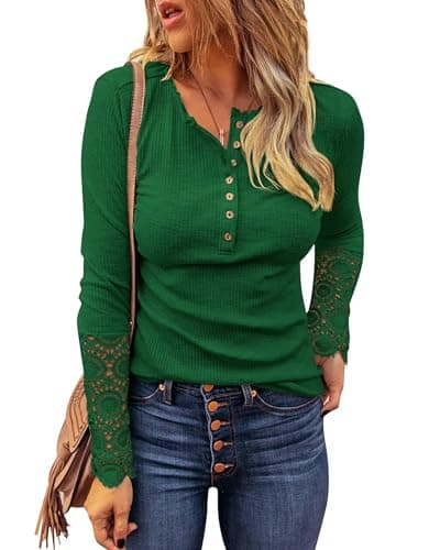 BTFBM Women Long Sleeve Shirts Spring Solid Button Up V Neck Lace Long Sleeves Slim Fit Knit Casual Fall T-Shirts 2026(Bright Green,Small) - Image 1