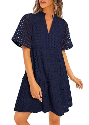 PRETTYGARDEN Eyelet Dresses for Women 2026 Summer Short Sleeve V Neck Hollow Out Ruffle A Line Boho Beach Vacation Mini Dress (Navy,Small) - Image 1