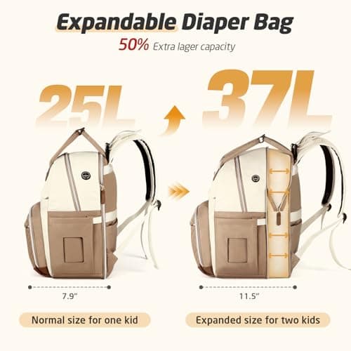 Tonyeee Diaper Bag Backpack - Extra Large Diaper Bag for 2 Kids Twin, Travel Baby Bags for Mom Dad 25-37L Expandable with Changing Pad Earphone Hole, Apricot Beige - Thumbnail 2
