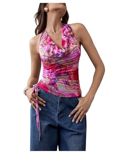 MakeMeChic Women's Floral Halter Top Draped Tie Dye Mesh Backless Ruched Drawstring Tank Tops Multicolor X-Small - Image 1