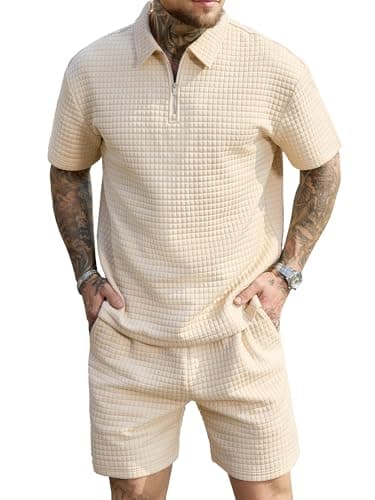 JEMLDL Men's Short Sets 2 Piece Polo Shirt Summer Outfits Casual Fashion Jogging Track Suits Short Sleeve Travel Sweatsuit Light Khaki 3X-Large - Image 1