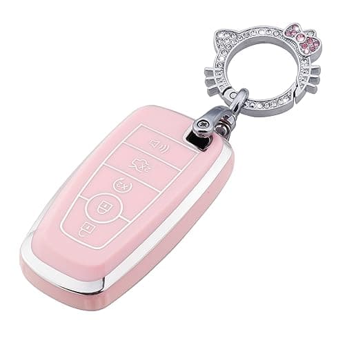 Pangpai Pink Key Fob Cover for Ford, Soft TPU Key Case Protection with Bling Keychain Fit for Edge Escape Expedition Explorer Fusion Mustang Ranger F-150 F-250