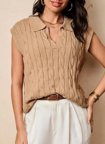 Dokotoo Womens Vest Womens Tops V Neck Lapel Collar Cable Knit Women Vest Cable Knit Summer Sweaters for Women Khaki XX Large - Thumbnail 4
