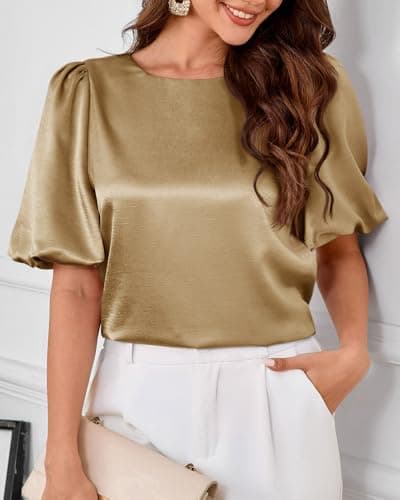 Tankaneo Womens Satin Silk Blouses Puff Short Sleeve Dressy Casual Tops Loose Fit Crew Neck Cropped Shirts Gold - Thumbnail 4