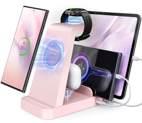 5 in 1 Wireless Charger for Samsung, Wireless Charging Station for Multiple Devices, Fast Charger Stand for Samsung Galaxy S25 Ultra S24 S23 S22 S20 Note 20 10 Z Fold 7 6 Galaxy Watch 7 6 5 Buds, Pink - Image 1
