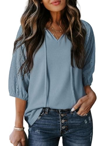 Dokotoo Womens Summer Tops Casual Loose Fit Tie-Front Vneck Waffle Knit Womens Blouses Embroidered Hollow Out 3/4 Sleeve Tops for Women Solid Boho Cruise Outfits for Women 2026 Myosotis Small - Image 1