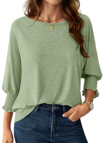 NORACORA Women's 3/4 Sleeve Tops Loose Fit Shirts Dressy Casual Crew Neck T Shirts for Women Basic Tees Shirt with Smocked Cuffs 2025 Fall Fashion Blouse Grass Green S - Image 1