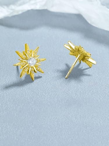 Mareclat Gold Star Earrings for Women Trendy Hypoallergenic Studs Cubic Zirconia Starburst Earrings 18K Gold Plated Non Tarnish (Starburst) - Thumbnail 3