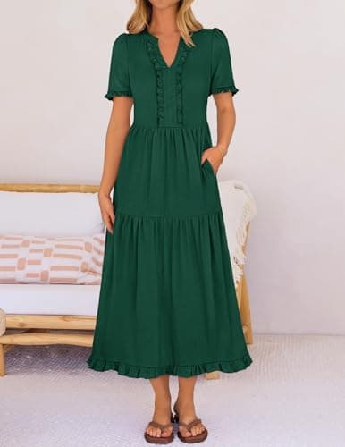 MEROKEETY Women's 2026 Summer Casual Midi Dress Short Sleeve V Neck A Line Flowy Tiered Vacation Beach Dresses, DarkGreen, Medium - Thumbnail 4
