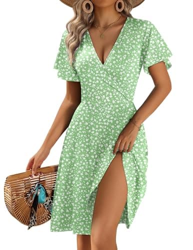 Zeagoo Dresses for Women 2026 Elegant Spring Mini Dresses Boho Floral Sundresses for Women Church Party Wedding Guest Dress with Pockets Light Green - Image 1