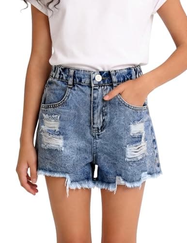PATPAT Girls Ripped Jean Shorts 5-14Y, Y2K Vintage Mid Waist Straight Leg Denim Shorts with Elastic Waistband & Frayed Hem - Image 1
