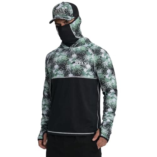 Men's Rash Guard Shirts Sun Protection Fishing Hoodie with Mask Cap Long Sleeve UPF 50+ Hiking Shirt(S) Dark Green