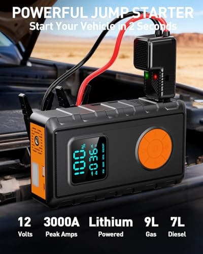 Jump Starter with Air Compressor, Battery Jumper Starter Car Battery Jump Starter 8.0 Gas/7.0L Diesel, Portable Jump Box, 12V Portable Car Jump Starter with Tire Inflator, LED Light Idea Gift for Man - Thumbnail 2
