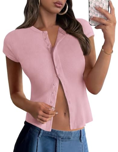 PRETTYGARDEN Women's Short Sleeve T Shirts Ribbed Knit Crew Neck Summer Tops 2025 Trendy Button Up Going Out Tight Basic Tees Y2K Clothes (Pink,L) - Image 1