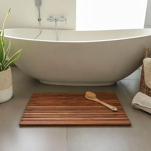 Nordic Teak 100% Solid Teak Wood String Mat - Indoor and Outdoor Use - Non-Slip Wooden Platform for Sauna, Pool, Hot Tub Flooring Decor and Protector (Oiled Finish w/Front Slabs, 31.4" x 19.6") - Thumbnail 2