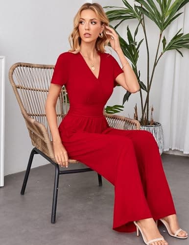 LOOKBOHO Women Jumpsuits 2026 Short Sleeve V Neck Rompers Waist High Waist Wide Leg Pants Dressy Casual One Piece Outfit Red XL - Thumbnail 5
