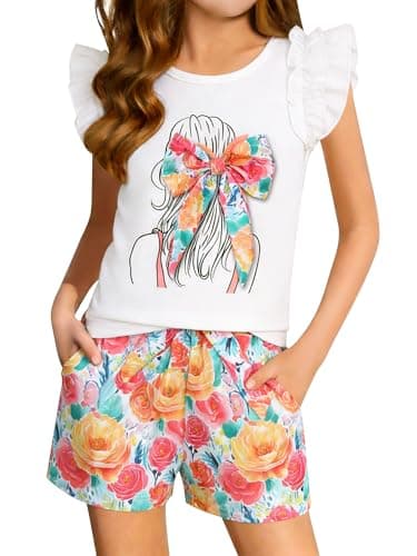 AMAWMW Girls Summer Clothes Ruffle Short Sleeve Top Paperbag Waist Shorts with Belt Cute Kids Outfits Size 4-12Y, White, 11-12 Years - Image 1