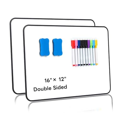 Tonsmile Magnetic Whiteboard, 2 Pack A3 Double Sided Dry Erase Board, Mini Whiteboard with 10 Pens and 2 Erasers, 16" x 12" Durable Portable Small White Boards for Home, Office & Classroom - Image 1
