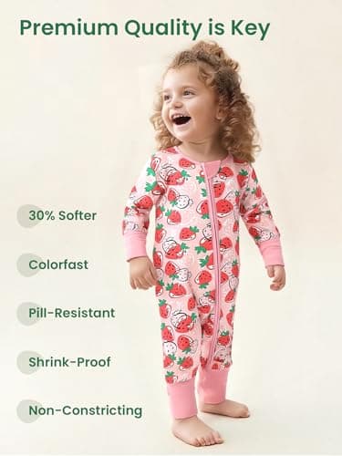 Infant Boys Girls Outfit Clothes Set Newborn Baby Romper Bamboo Long Sleeve Zipper Bodysuit Jumpsuit (Strawberry, 6-9M) - Thumbnail 5