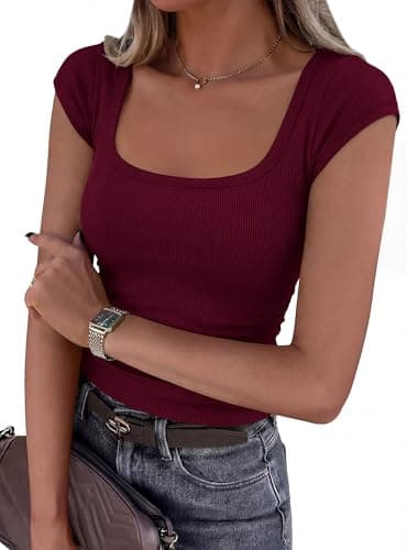 PRETTYGARDEN Womens Cap Sleeve T Shirts 2026 Square Neck Basic Tees Slim Fit Ribbed Knit Spring Going Out Tops Summer Clothes (Wine Red,XX-Large) - Image 1