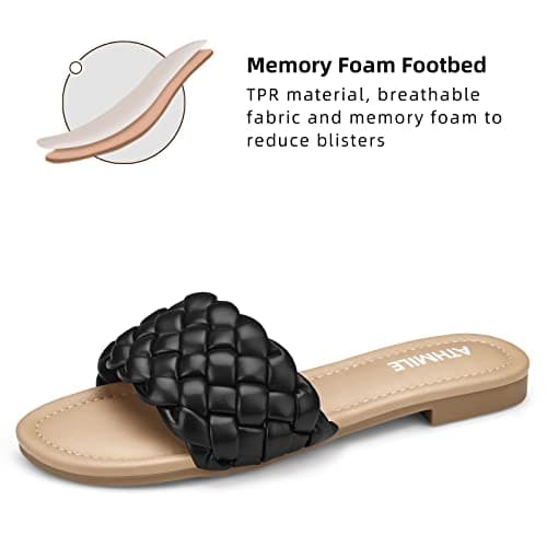 ATHMILE Braided Womens Sandals Round Open Toe Fashion Slide Sandals Women Dressy Summer Flat Beach Black Size 10 - Thumbnail 4