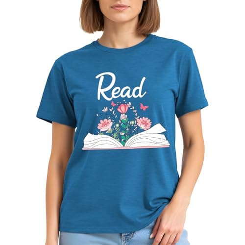 Read Book Shirt for Women-Reading Teacher Tee Tops Pink Flower and Butterfly Short Sleeve Cute Book Shirt - Thumbnail 2