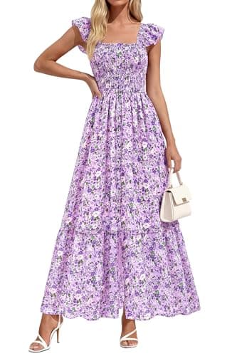 dowerme Womens Summer Maxi Dresses 2026 Casual Ruffle Sleeve Button Smocked Floral Slit Boho Dress Spring Beach Sundress(Floral Purple,XX-Large) - Image 1