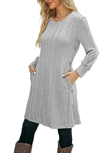 Kikibell Women's Casual Dresses Round Neck Sweater Dresses for Women with Pockets Button Side Tunic Dress for Women Light Grey - Image 1