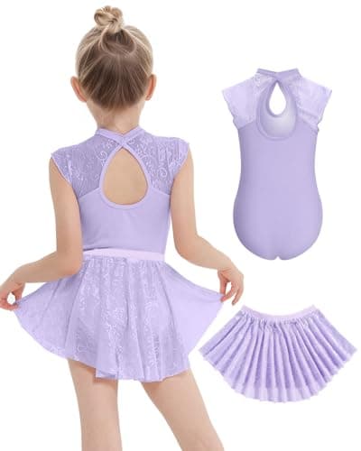 JiAmy Girls Ballet Leotards Cutout Back Dance Outfit Toddler Lace Dress Combo with Removable Skirt Purple 4-5 Years - Image 1