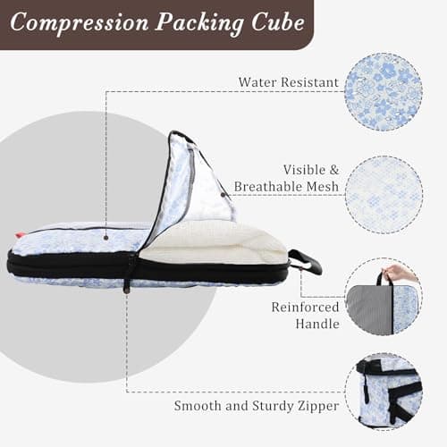 U+U 4 Set Compression Packing Cubes - Ultralight Travel Organizers, Space-Saving Suitcase Organizer, Expandable Packing Cubes for Travel, Business Trip and Family Vacation (Blue Flower) - Thumbnail 2