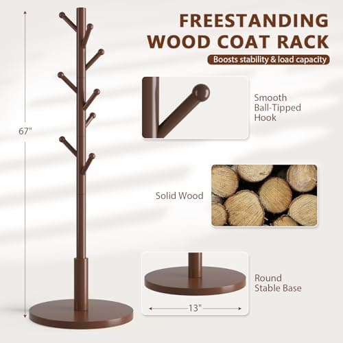 ACIPENSER Coat Rack Freestanding Wooden Coat Tree Stand with 8 Round-tip Hooks, 3 Adjustable heights Coat Hat Rack for Entryway,Bedroom,Hallway,Office (Brown) - Thumbnail 4