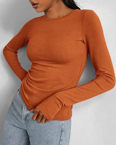 BTFBM Womens Tops 2026 Spring Outfits Long Sleeve Shirts Crewneck Work Blouses Stretchy Slim Fit Going Out Top Workout(Brick Red, Medium) - Thumbnail 3