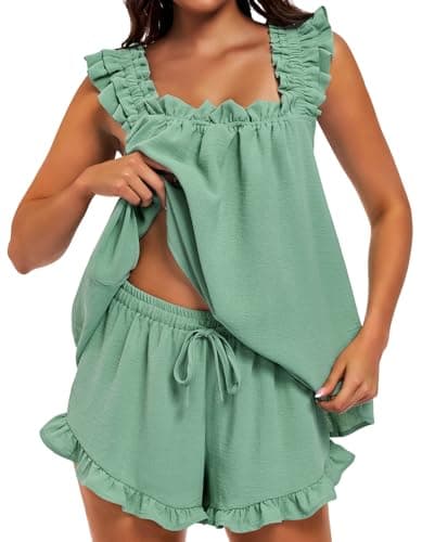 SIMIYA Pajama for Women Set 2 Piece Ruffle Pj Soft Tank Top and Shorts Bridal Pajamas Lightweight Summer Cute Sleepwear Shirt Green - Image 1