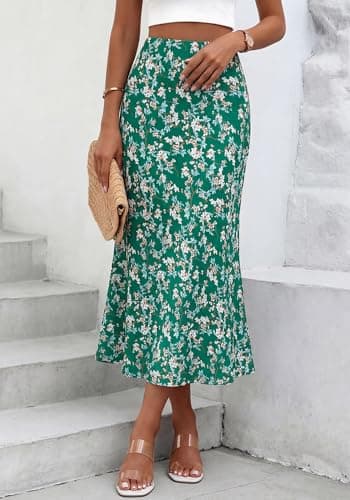 BTFBM Satin Skirts for Women Trendy Spring Summer 2026 High Waisted Leopard Print Cocktail Wedding Long Silk Midi Skirt(Floral Green White, X-Large) - Thumbnail 6