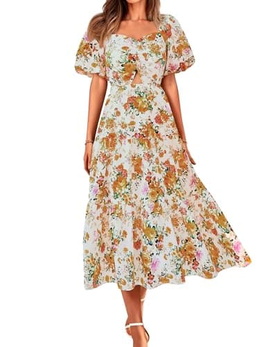 BTFBM Women's Clothing Spring Summer Dresses 2026 Beach Vacation Short Sleeve Smocked Back Boho Casual Floral Maxi Dress(Floral White Orange, XX-Large) - Image 1