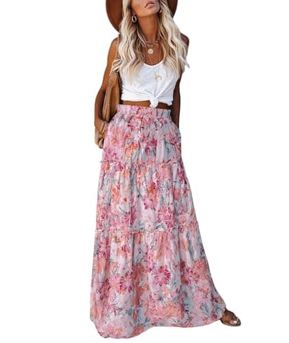 EARKOHA Trendy Lightweight Drawstring Tiered Ruffles Paisley Hippie Plus Size Bohemian Long Maxi Skirt with Deep Pockets for Office Music Festival Travel Picnic Dating Fall Outfits Peony XS - Image 1