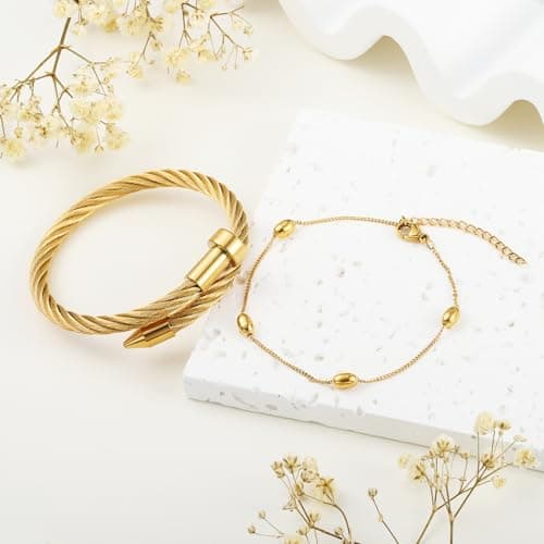 LCTrusttmor Gahna 18K Gold Plated Beads Bracelets for Women, Stackable 18K Gold Plated with Adjustable Link Chain Set Dainty Trendy Jewelry Gifts - Thumbnail 6