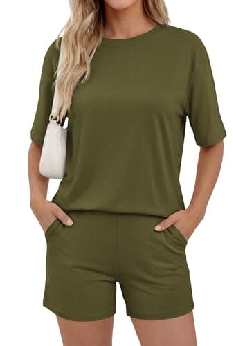 PRETTYGARDEN 2026 Women's Summer 2 Piece Sets Casual Lounge Set Short Sleeve Tops Shirts Shorts Travel Beach Vacation Outfits (Army Green,Small) - Image 1