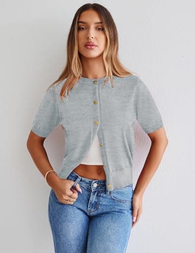 Kistore Womens Casual Summer Short Sleeve Sweater Cardigan Button Down Crew Neck Knitted Crop Cardigan Tops Light Gray Medium - Thumbnail 3